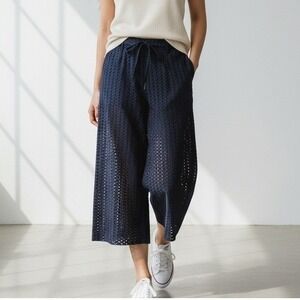 Banana Republic Womens Pants Sz‎ 8 Wide Leg Crop Eyelet Navy High Tie Waist